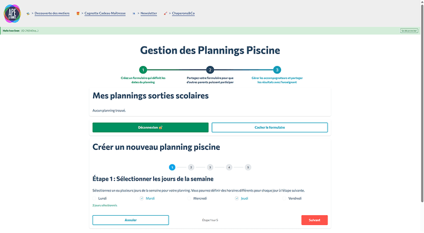Capture d'écran de la création d'un planning de piscine