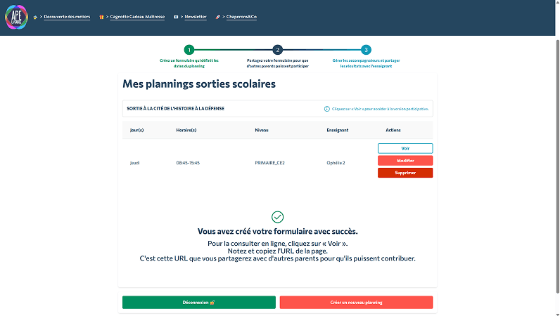 Capture d'écran de la gestion des planning de piscine